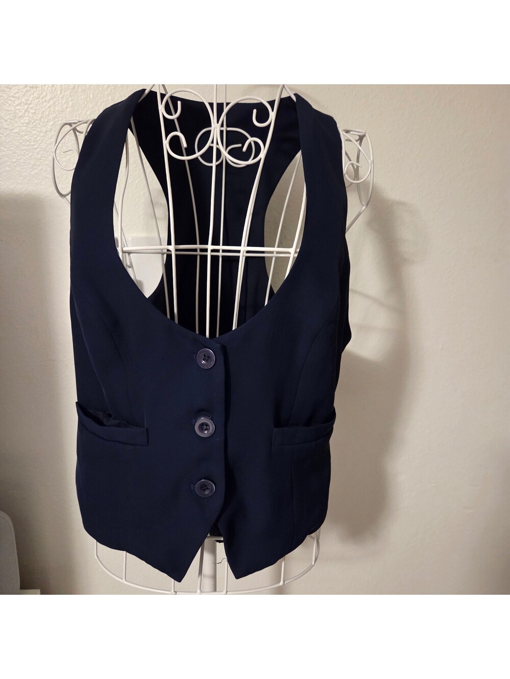 Navy Blue Women's Vest with Button Closure and Back Tie Detail, Size M